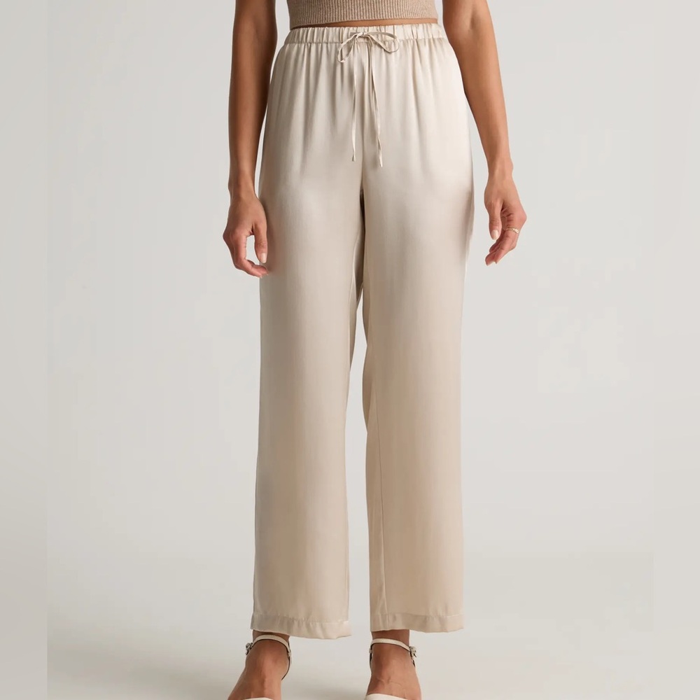 Quince 100% Washable Silk Drawstring Wide Leg Pants Champagne